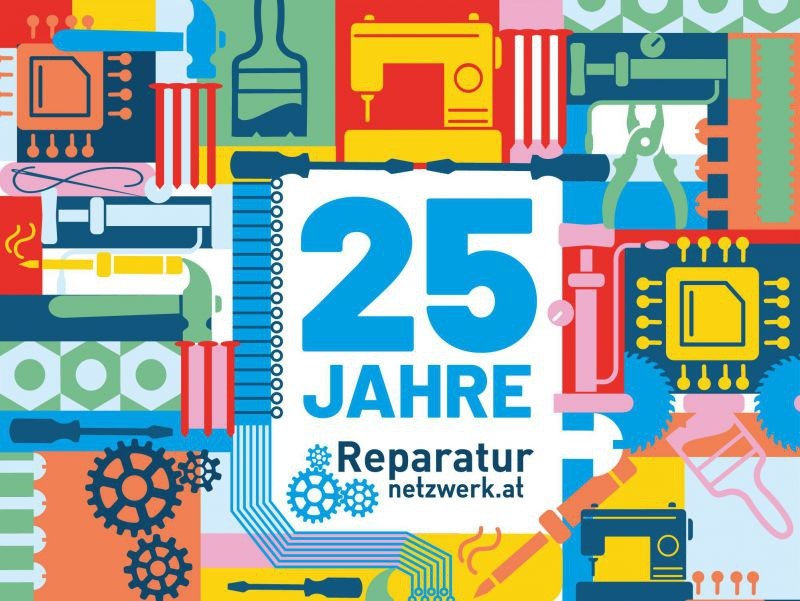 Schriftzug "25 Jahre Reparaturnetzwerk" mit bunten Pictogrammen von Werkzeug